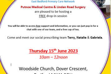 East Bedford Primary Care Network Community Drop In 15th June 10am- 12 noon